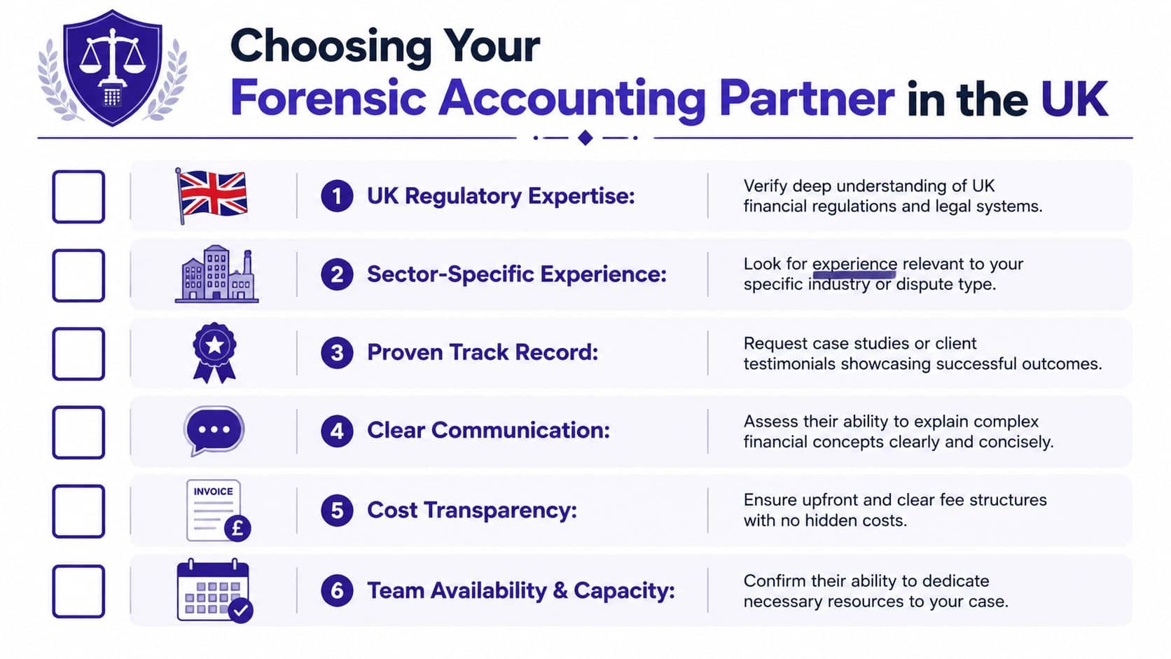 An infographic titled Choosing Your Forensic Accounting Partner in the UK outlining six key selection criteria.