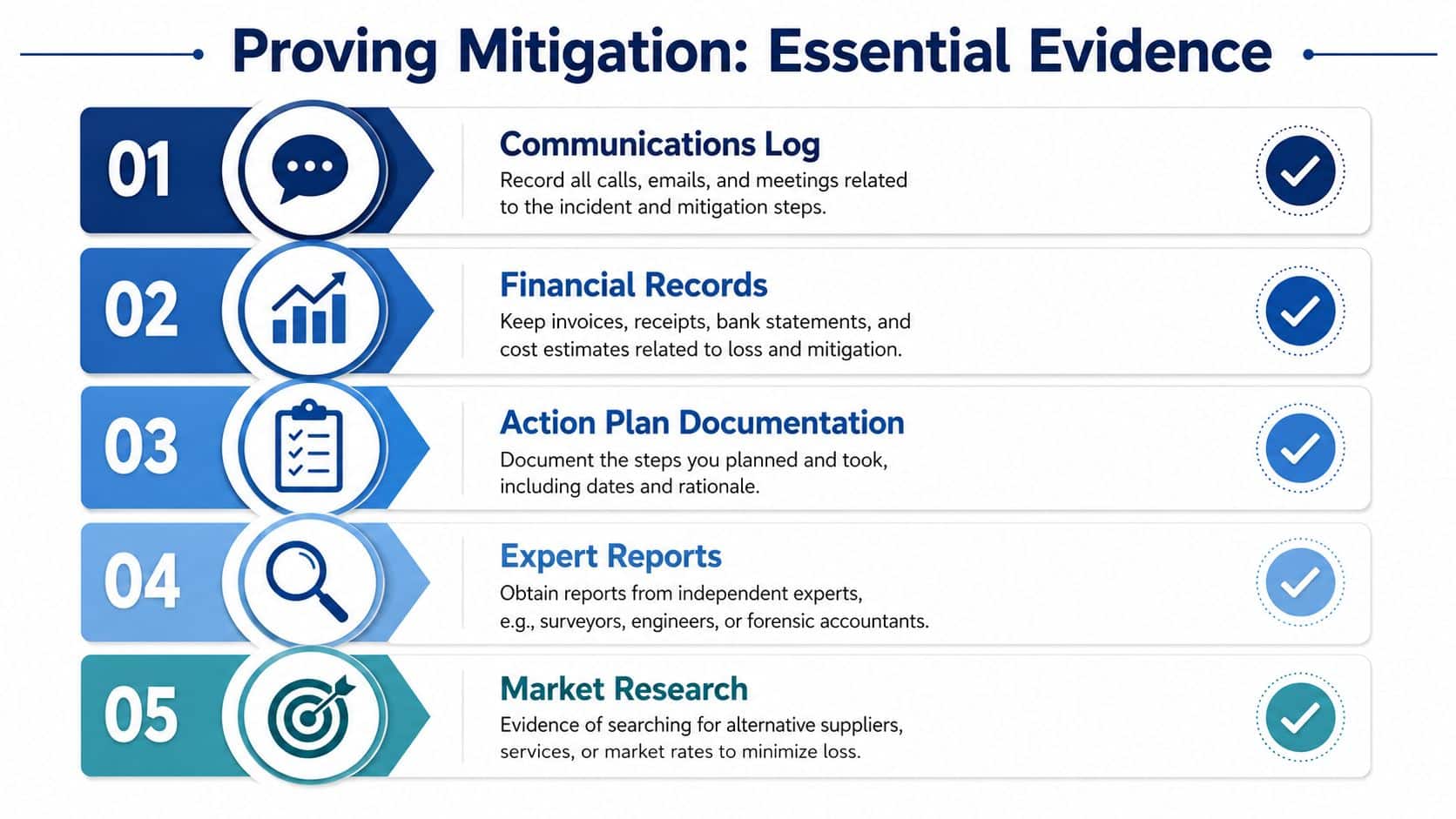 A list of five essential types of evidence required to prove mitigation of loss in insurance claims.
