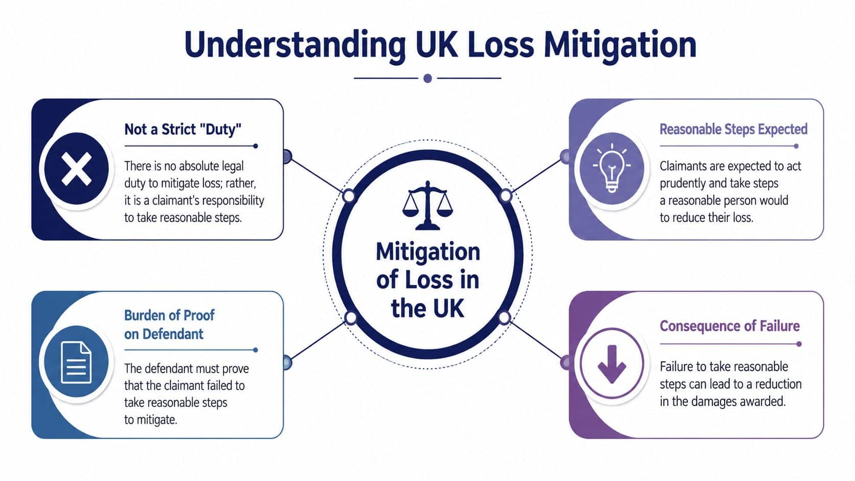 A diagram outlining the legal principles of mitigation of loss in the United Kingdom legal system.