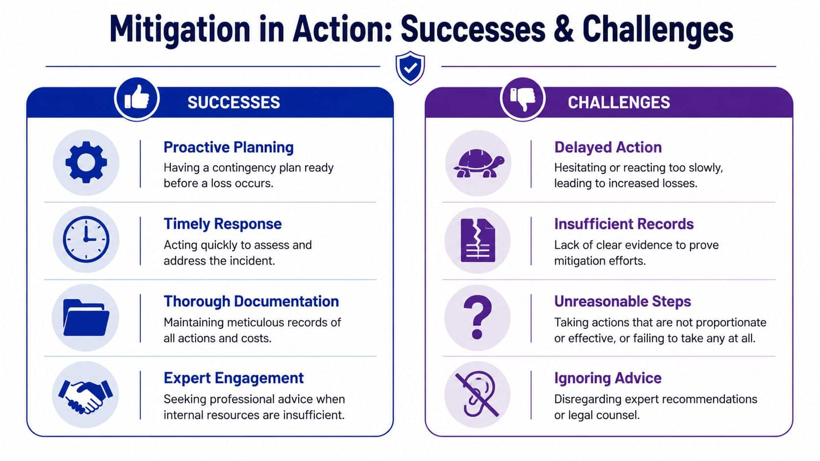 A comparison chart outlining successes and challenges related to the mitigation of loss in business practices.