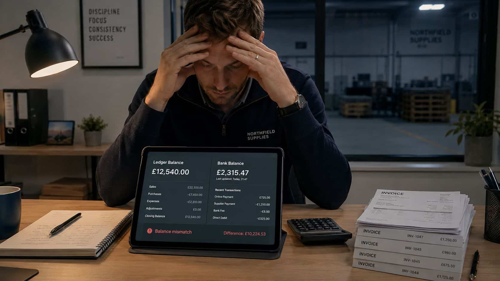 Stressed man reviewing financial ledger balance and bank statement mismatch on a tablet in an office.