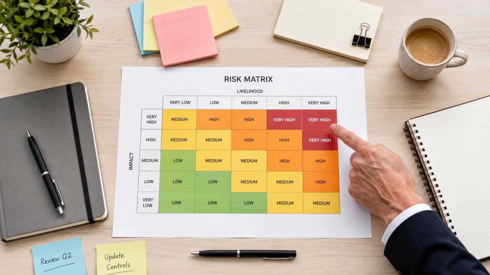 A professional in a suit pointing to a risk matrix chart on a desk with office supplies.