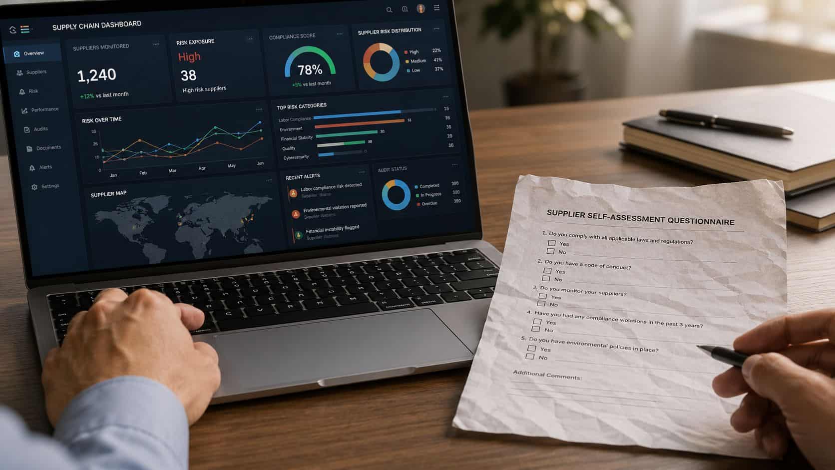 A person analyzes supply chain data on a digital dashboard while filling out a paper supplier questionnaire.
