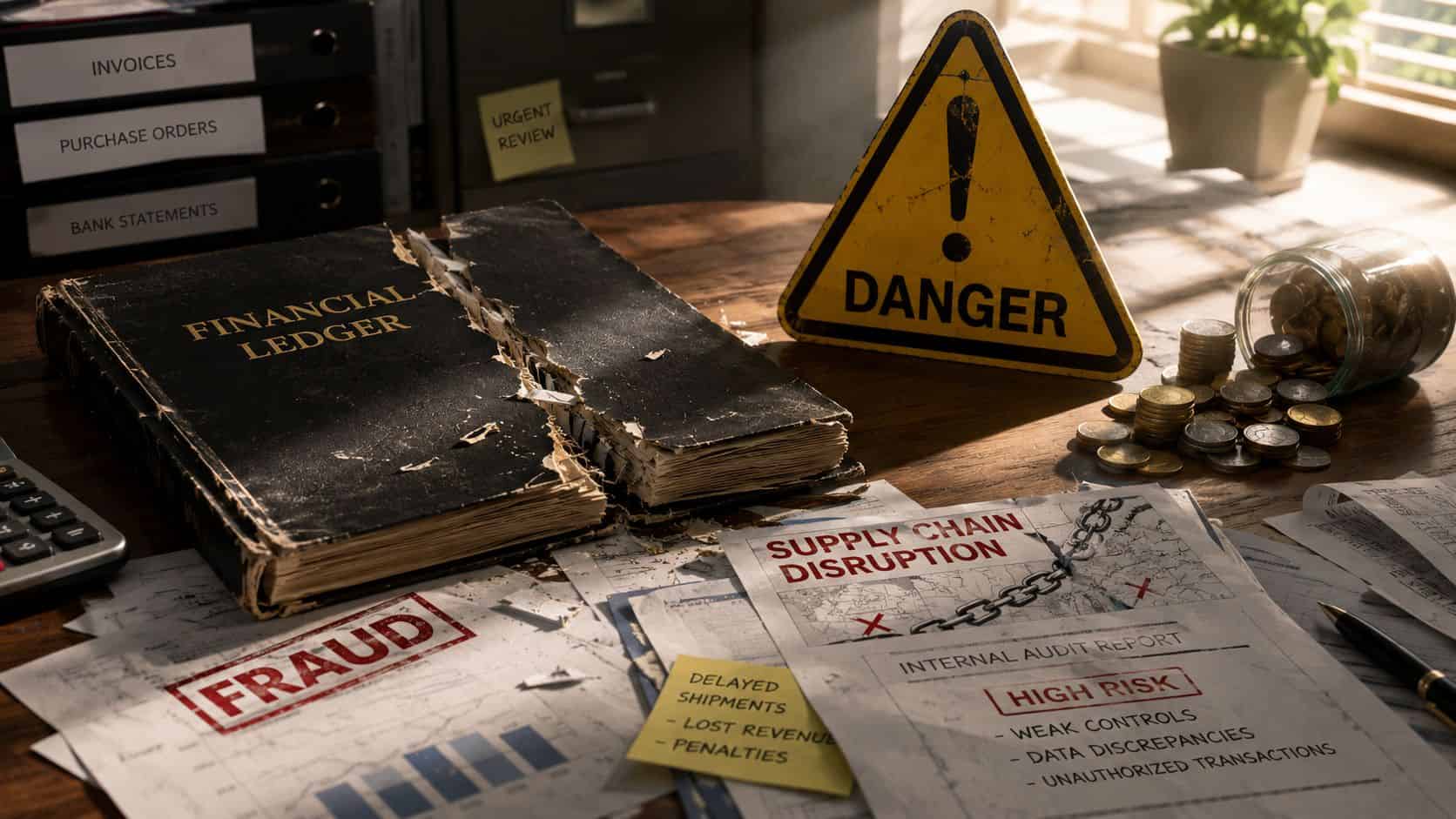 A financial ledger, supply chain disruption reports, and a danger sign representing high-risk business auditing issues.