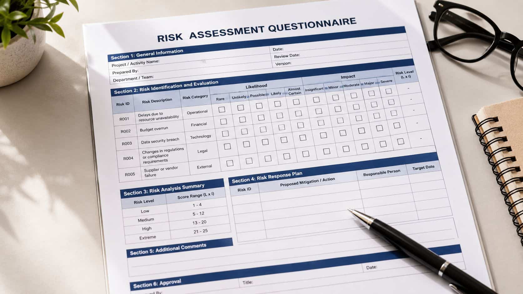 A printed risk assessment questionnaire document with a pen, glasses, and notebook on a desk.