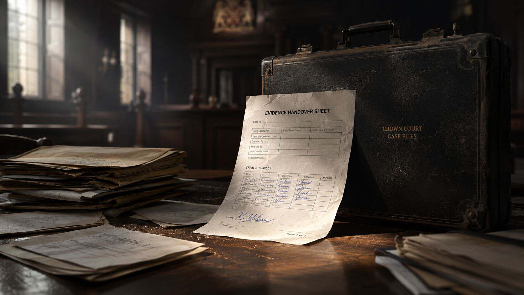 An evidence handover sheet rests on a wooden desk next to an old leather briefcase in a courtroom.