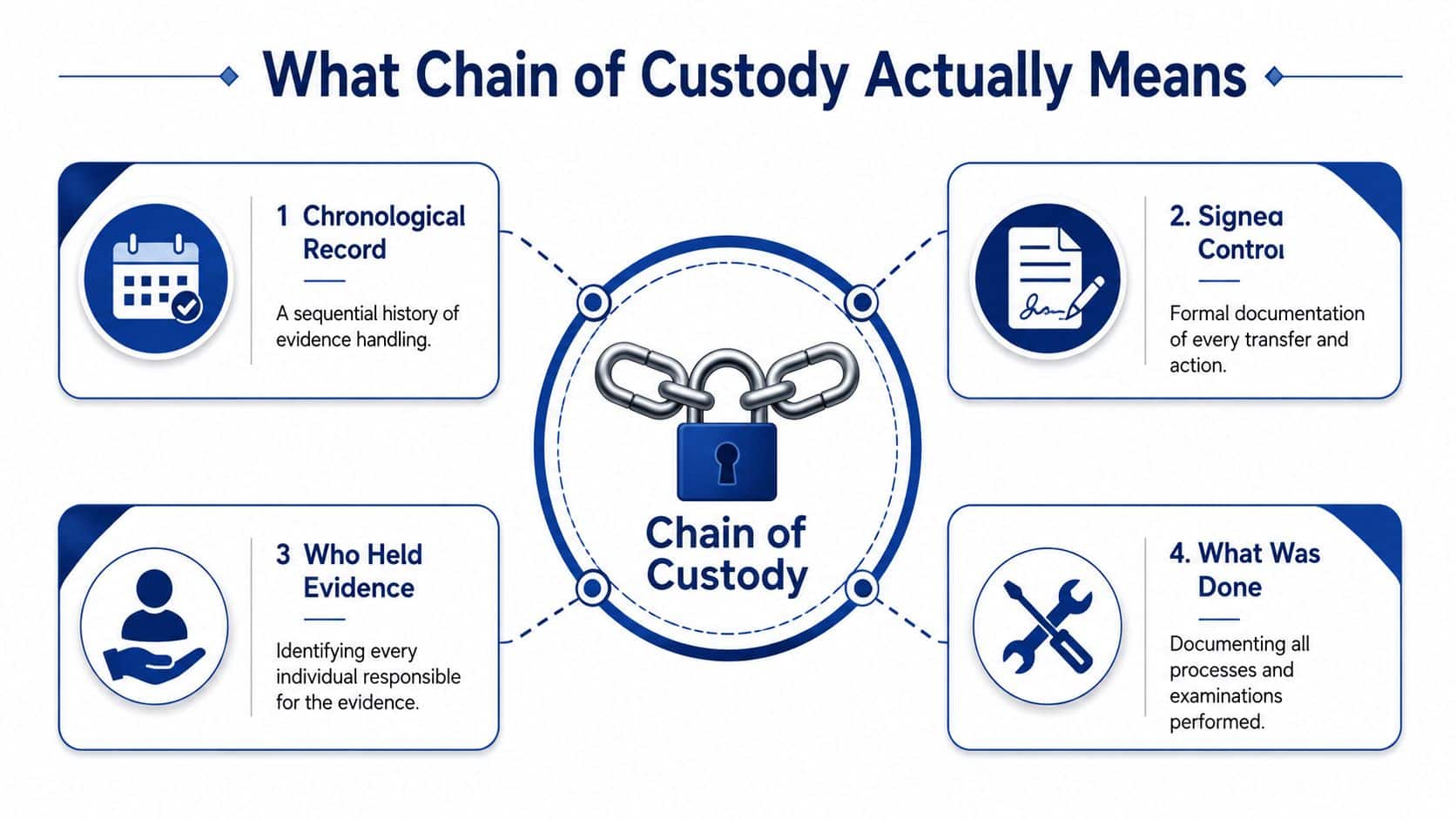 An infographic titled What Chain of Custody Actually Means showing four key components of proper evidence handling.