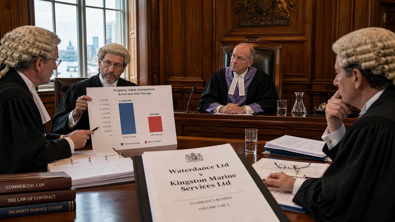 A legal team presenting a property damage valuation chart in a formal courtroom setting for a trial.