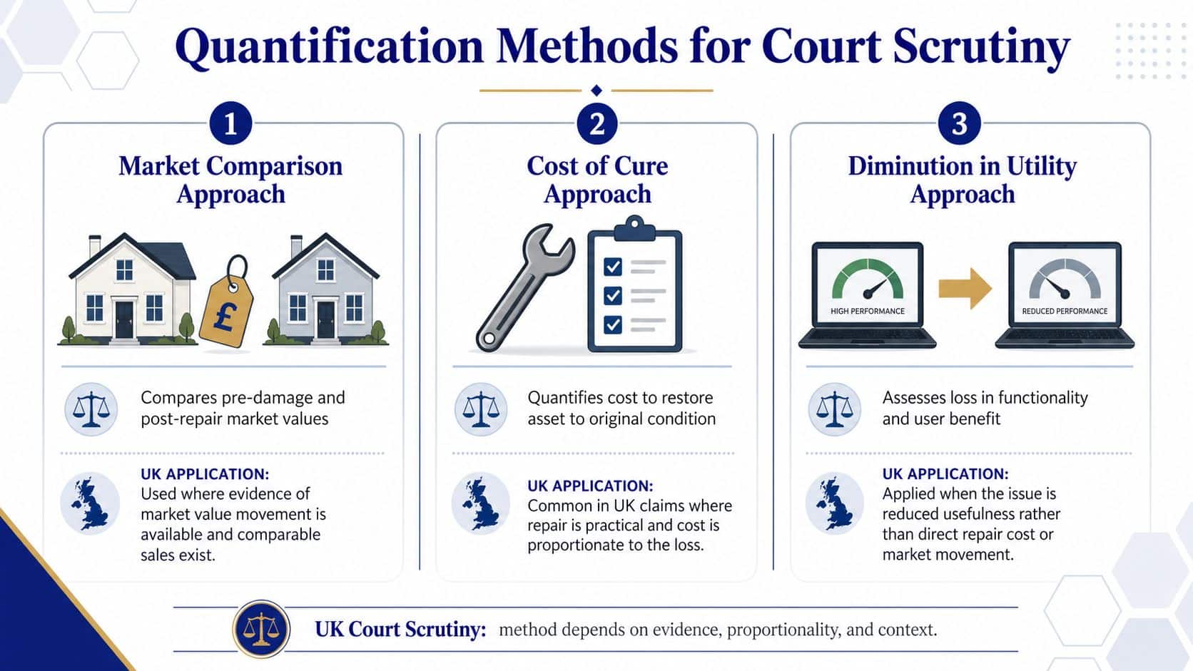 A professional infographic titled Quantification Methods for Court Scrutiny, explaining market comparison, cost of cure, and diminution in utility.