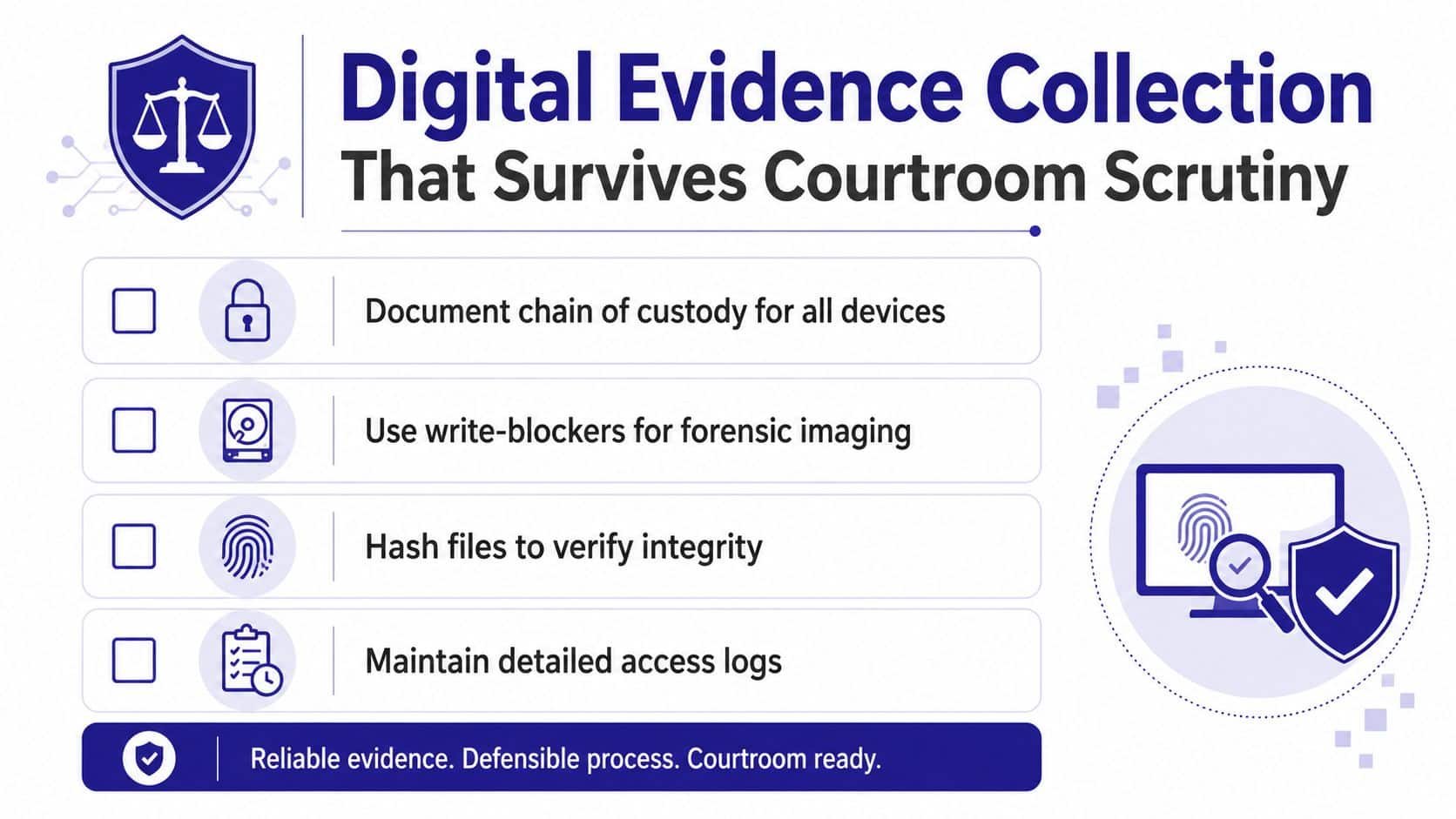 A checklist infographic illustrating key best practices for conducting professional digital evidence collection for courtroom use.