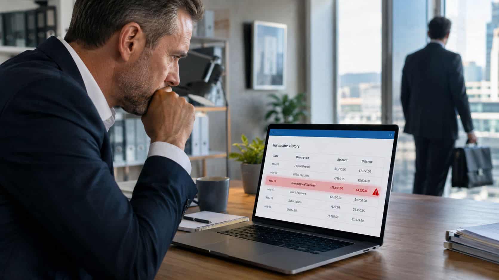 A concerned businessman looking at a computer screen showing a highlighted negative bank transaction in his office.