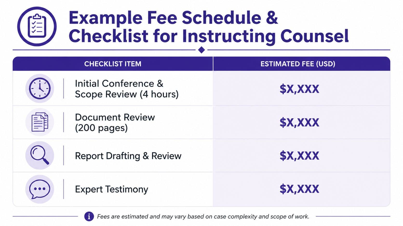 A table outlining an example fee schedule for expert witness services including initial conference, document review, and testimony.