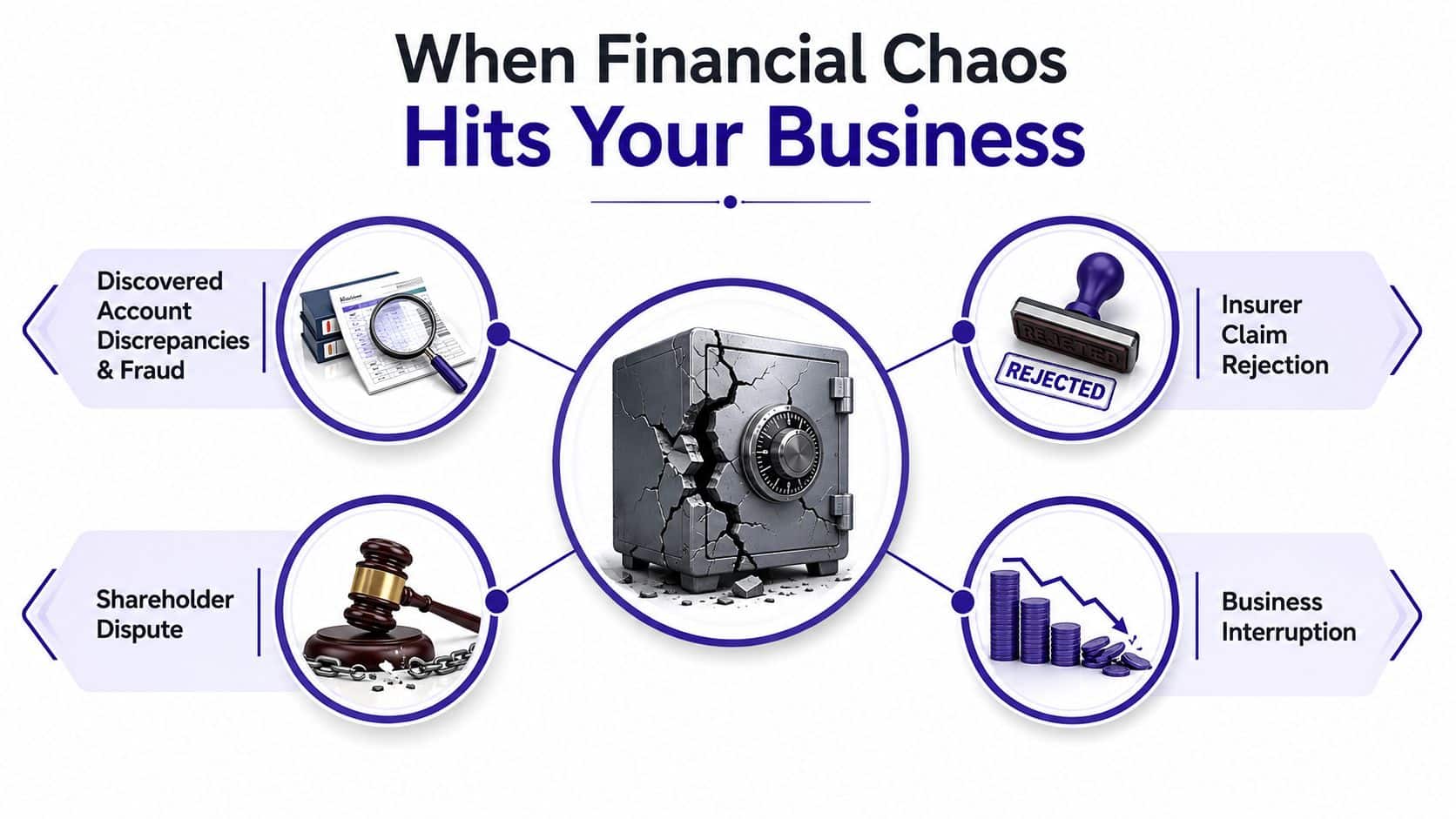An illustration showing a cracked safe representing business financial chaos, with icons for fraud, lawsuits, rejected claims, and losses.