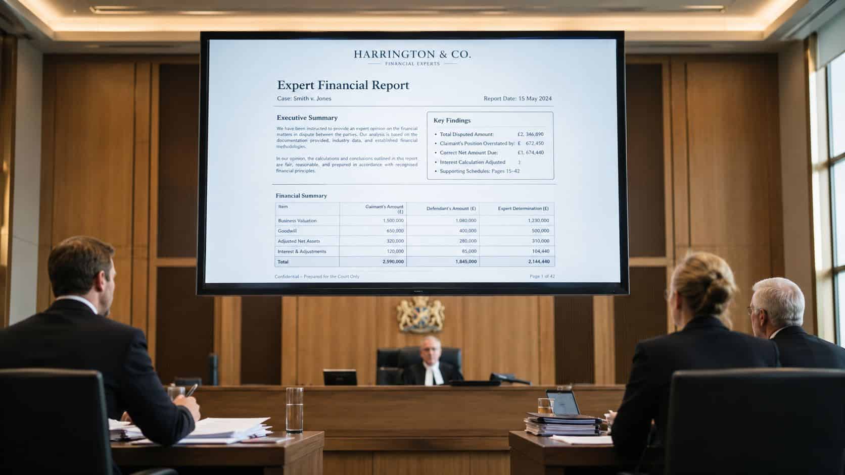 A professional courtroom scene featuring lawyers viewing an expert financial report displayed on a large screen.