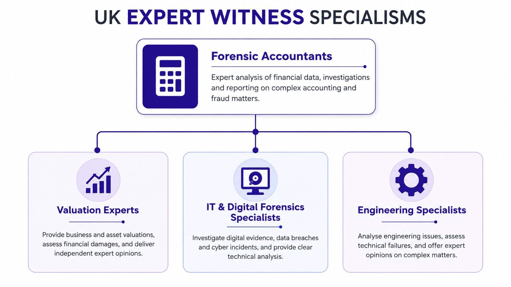 A flow chart illustrating various UK expert witness specialisms including forensic accountants, valuation experts, IT, and engineering.