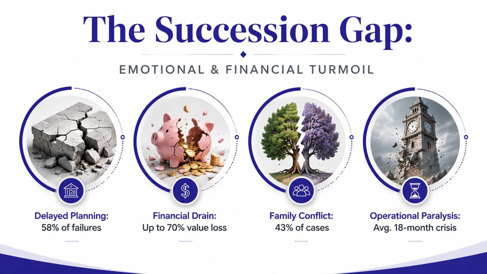 An infographic detailing the emotional and financial risks of poor succession planning in family businesses.