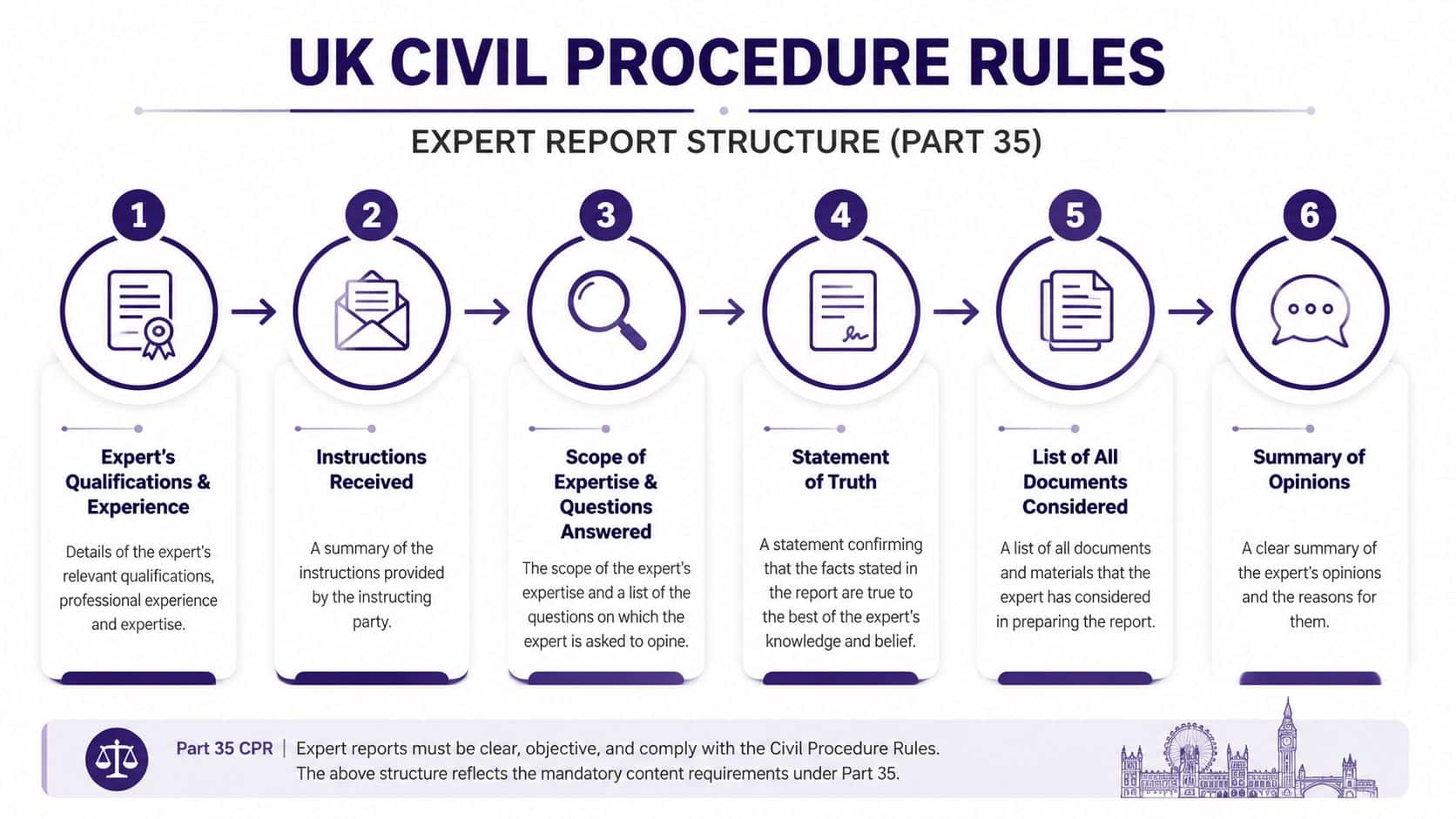 An infographic detailing the mandatory structure of an expert witness report under UK Civil Procedure Rules Part 35.