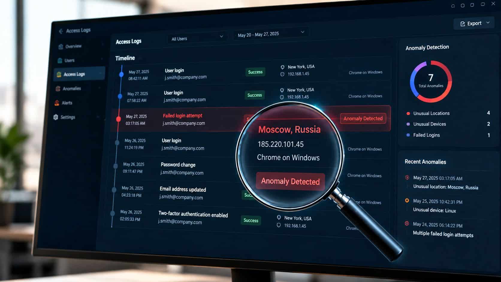 A digital dashboard displaying cybersecurity access logs and an anomaly detection alert on a computer screen.