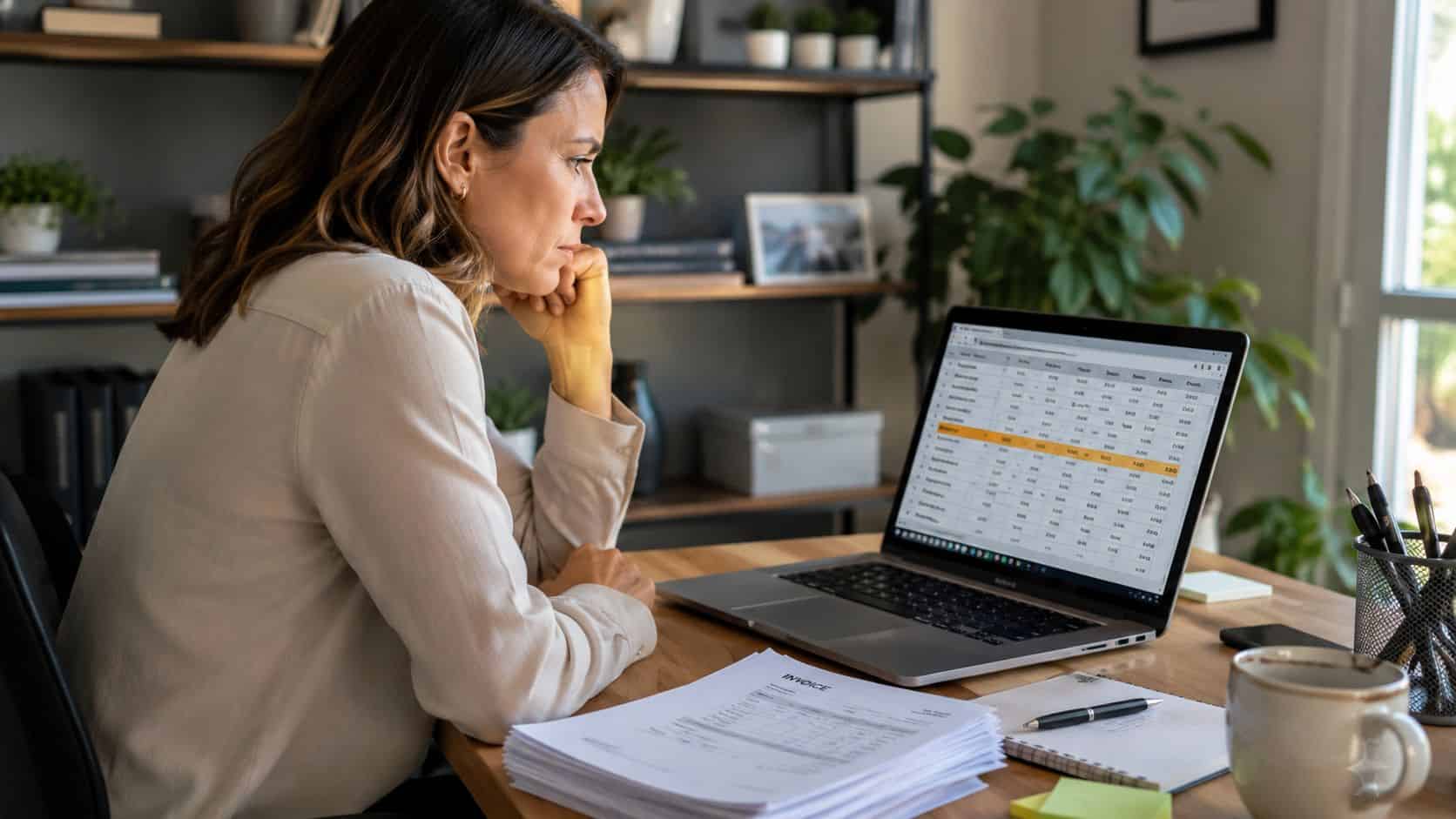 A businesswoman intensely reviews financial spreadsheet data on her laptop while working in a modern home office.
