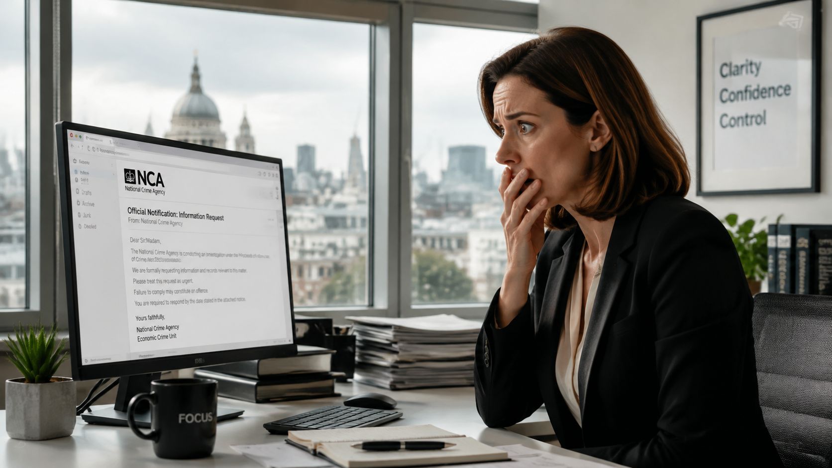 A concerned professional woman in an office looks shocked while reading a National Crime Agency letter.