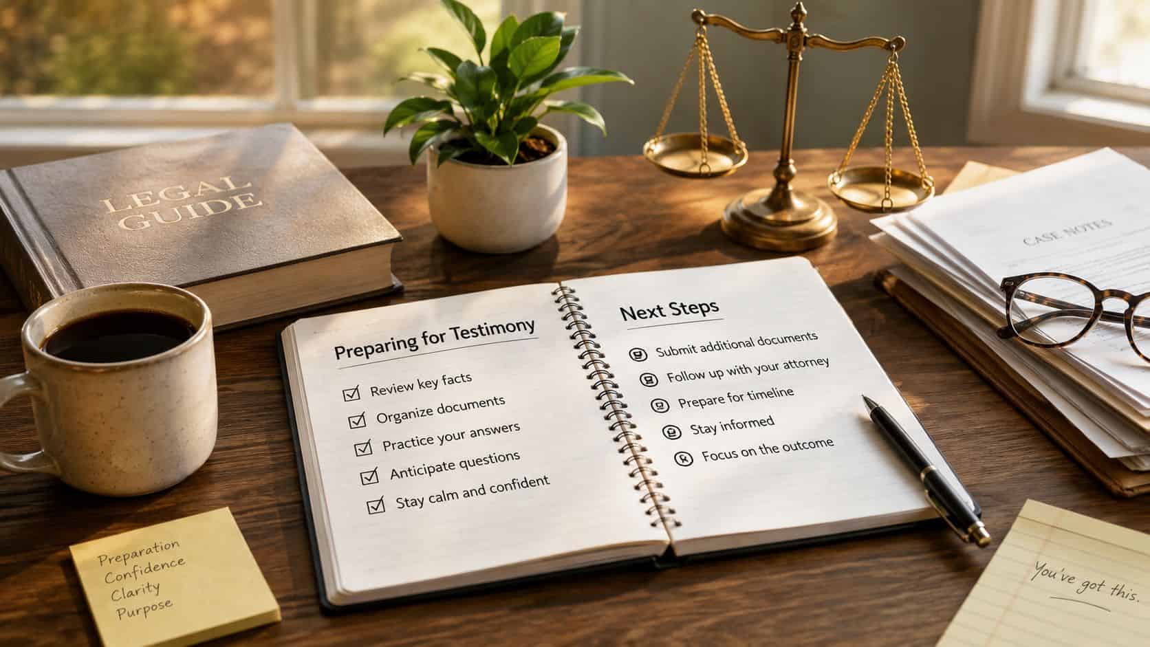 A legal notebook on a wooden desk with a checklist for witness testimony preparation and legal items.