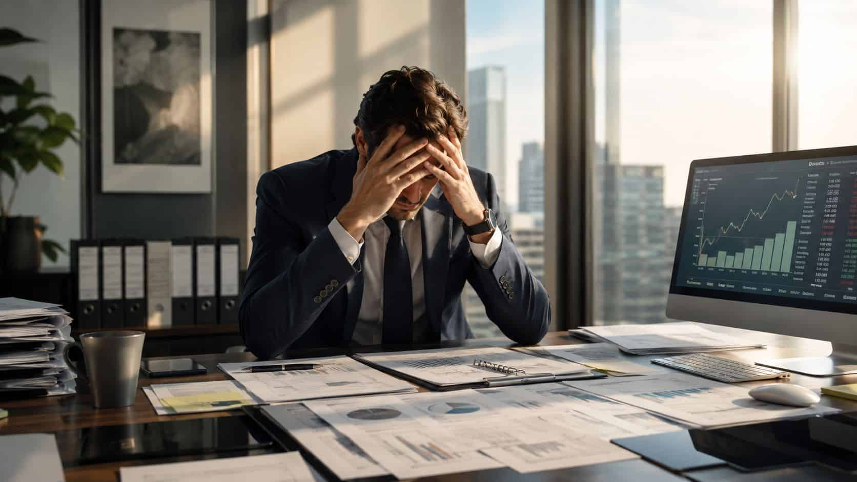A stressed businessman in a suit sitting at his office desk with financial charts and documents.